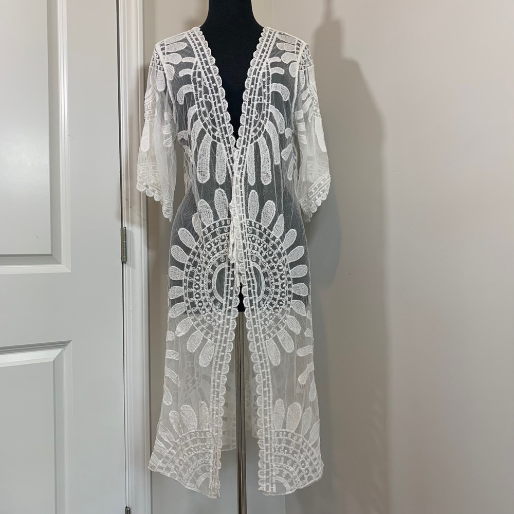 Tulip Creations White Lace Crochet Kimono Cover Up Beach Boho One Size NEW